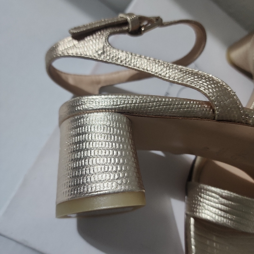 AGL Gold Metallic Block Heel Sandals Ankle Strap Designer Italy Size 10 - Picture 10 of 12